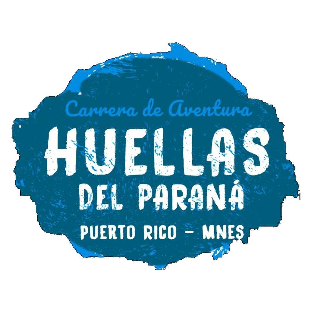 Logo “Huellas del Paraná” en azul con textura de pincel, texto “Carrera de Aventura – Puerto Rico, Misiones”, sobre fondo claro